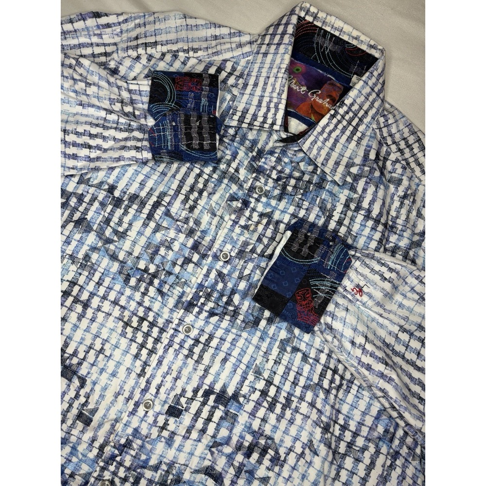 Robert Graham Men's 2XL Classic Button Up Shirt White & Blue Abstract Flip Cuff